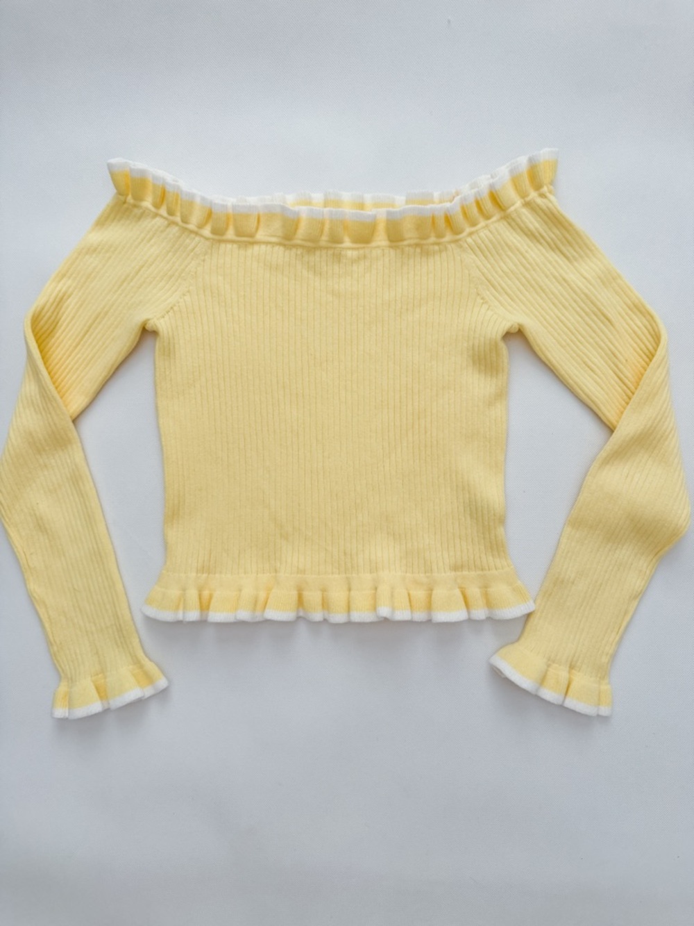 Parker Yellow Ribbed Off Shoulder Ruffle Top Size S